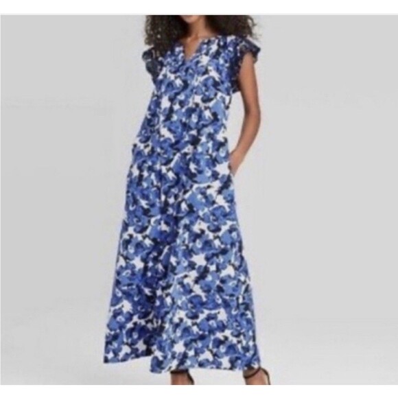 Who What Wear XXL Blue Floral Cotton Eyelet Maxi Dress With Pockets - Picture 1 of 12